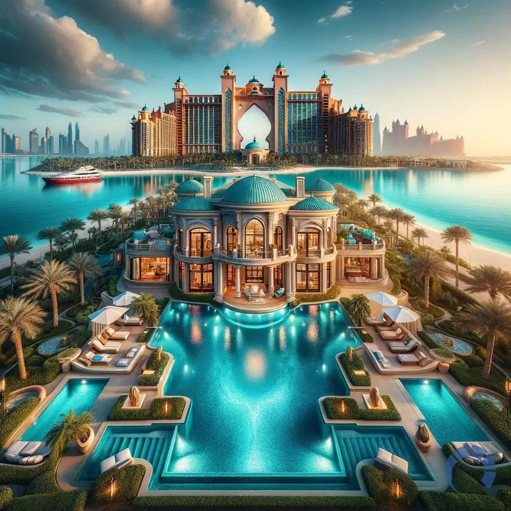 DALL·E 2024-02-20 05.43.32 - Capture a glamorous view of a luxurious villa on Palm Jumeirah, featuring a pristine pool and a stunning view of the Atlantis hotel. The setting is vi