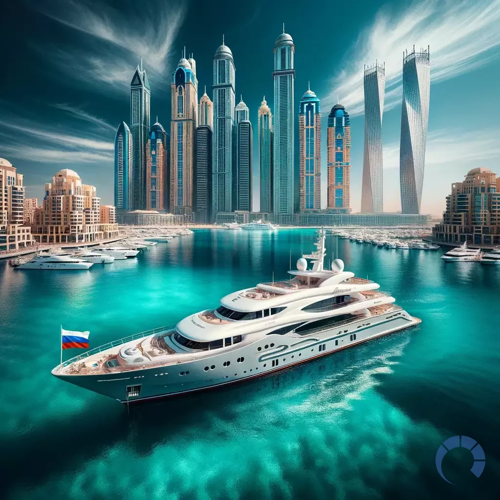 Dubai's luxury with a stunning yacht floating on the turquoise waters of the Dubai Marina