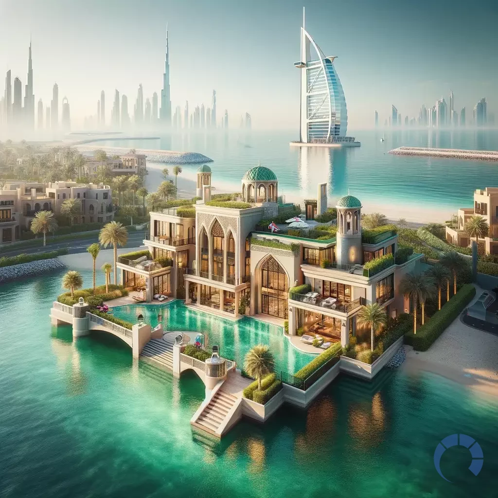 luxurious villa in Dubai with a clear view of the ocean and the Burj Al