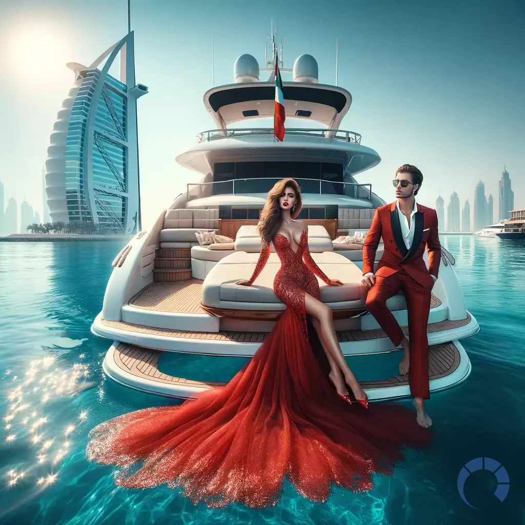 romantic scene featuring a Russian lady in a stunning red dress and a European guy, both elegantly posed on a luxurious yacht. The yacht flo
