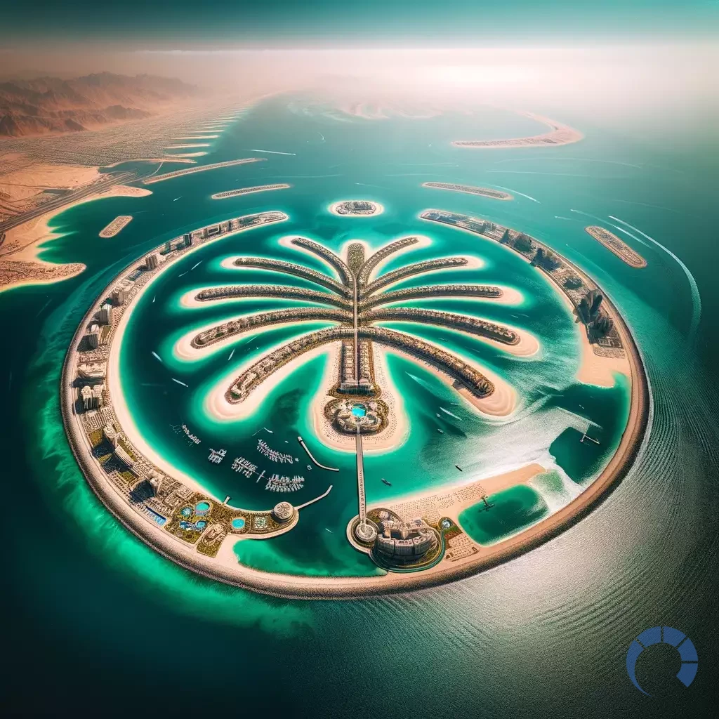 view of Palm Jumeirah in Dubai, showcasing the luxurious artificial archipelago against a backdrop of the Arabian Gulf